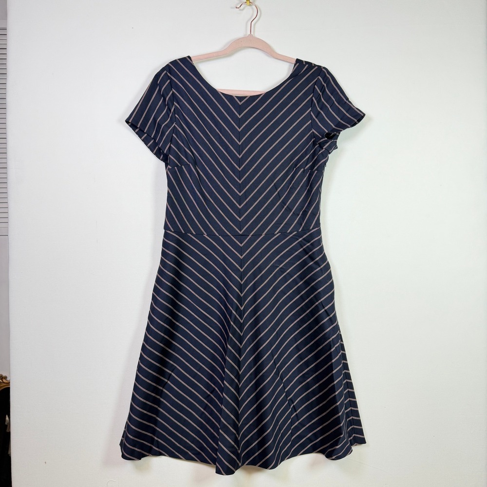 BROOKS‎ BROTHERS Navy Blue Striped Bow Back Fit and Flare Dress 12